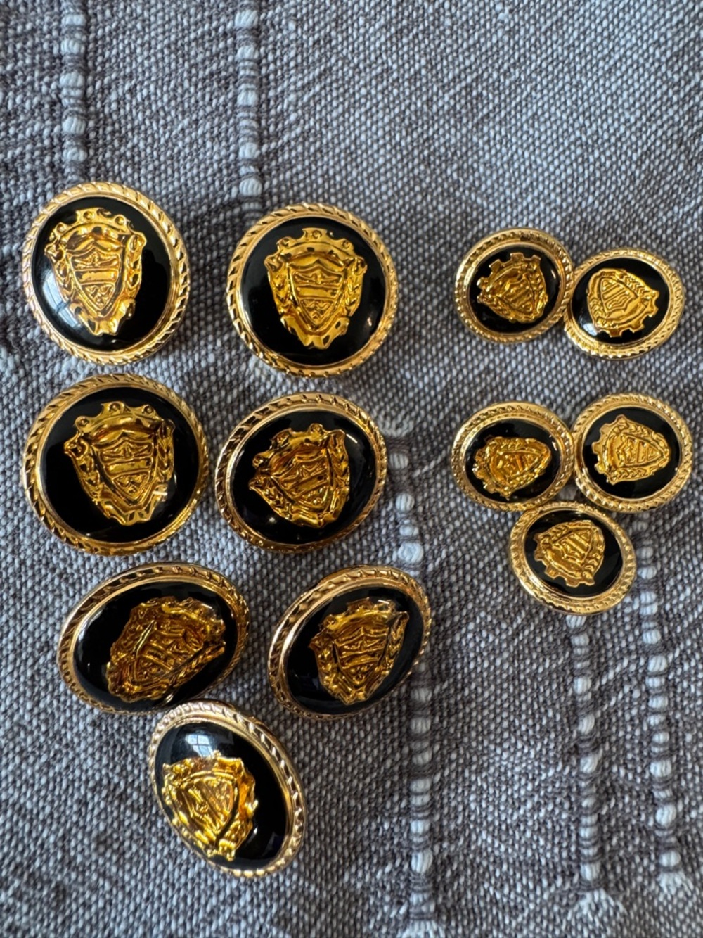 Vintage Set of 12 Black and Gold Shield Enamel & Gold Tone Metal Buttons